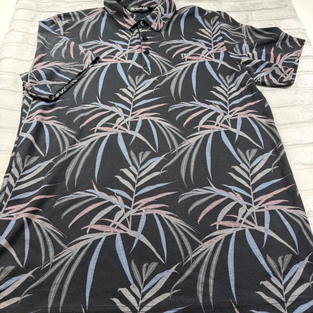 TravisMathew Polo Shirt Mens L Black Blue Pink Tropical Fusion Palm Leaf EUC